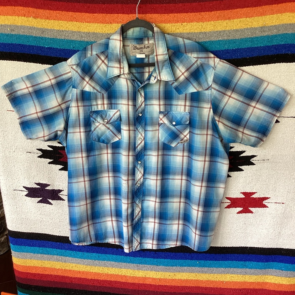 Wrancher by wrangler short sleeve button down pearl snap plaid shirt